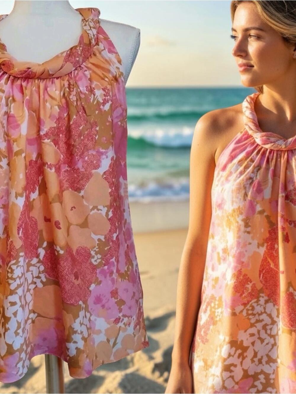 Talbots NWOT sleeveless floral top in pink and orange print Size 12